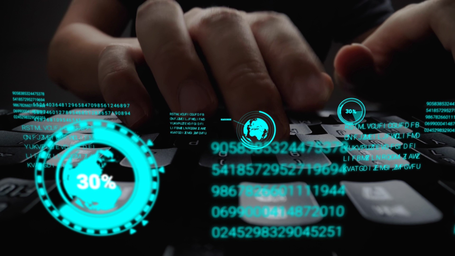 Hombre que trabaja en el teclado de la computadora portátil con el holograma GUI de la interfaz de usuario gráfica