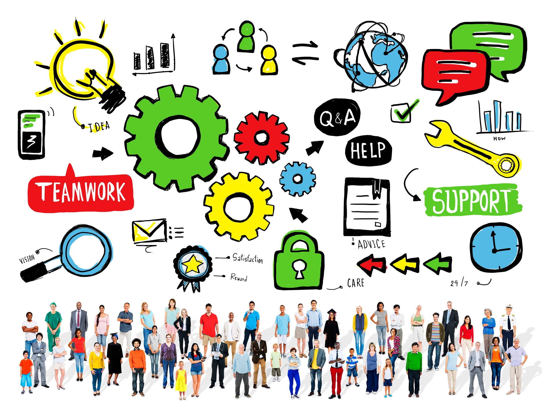Equipo de trabajo en equipo de soporte de colaboración Cog unidad concepto de éxito